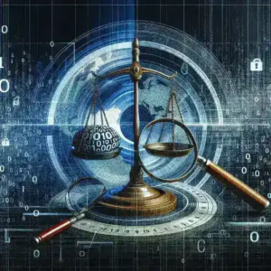 Alt text: "Ilustrasi pengadilan yang menunjukkan OCU Spanyol dan kelompok konsumen lainnya menggugat DeepSeek atas pelanggaran kepatuhan GDPR, menggambarkan pentingnya perlindungan data pribadi."