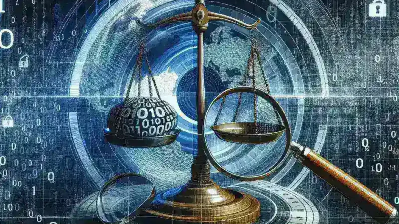 Alt text: "Ilustrasi pengadilan yang menunjukkan OCU Spanyol dan kelompok konsumen lainnya menggugat DeepSeek atas pelanggaran kepatuhan GDPR, menggambarkan pentingnya perlindungan data pribadi."