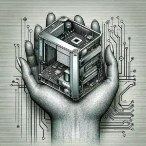 "Supercomputer seukuran tangan yang dirancang oleh universitas lokal, menampilkan teknologi AI canggih untuk penelitian dan inovasi, dikelilingi oleh alat-alat teknologi dan buku ilmiah."