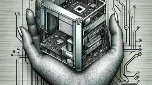 "Supercomputer seukuran tangan yang dirancang oleh universitas lokal, menampilkan teknologi AI canggih untuk penelitian dan inovasi, dikelilingi oleh alat-alat teknologi dan buku ilmiah."