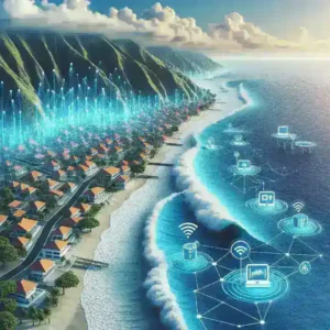 "Tim peneliti melakukan pengujian sistem peringatan dini tsunami berbasis IoT di pesisir Indonesia, dengan perangkat monitoring cuaca dan laut yang canggih."