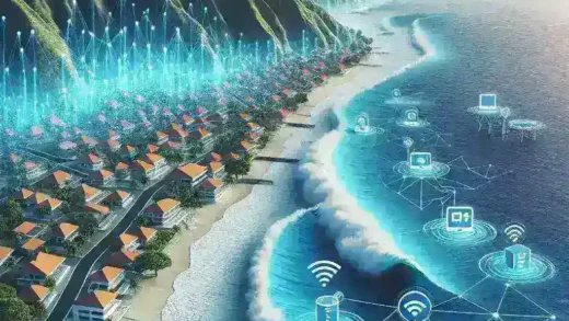 "Tim peneliti melakukan pengujian sistem peringatan dini tsunami berbasis IoT di pesisir Indonesia, dengan perangkat monitoring cuaca dan laut yang canggih."