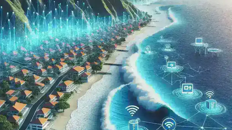 "Tim peneliti melakukan pengujian sistem peringatan dini tsunami berbasis IoT di pesisir Indonesia, dengan perangkat monitoring cuaca dan laut yang canggih."